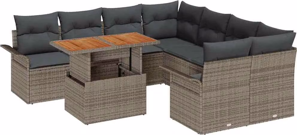 Set Divano da Giardino 9 pcs Grigio Poly Rattan