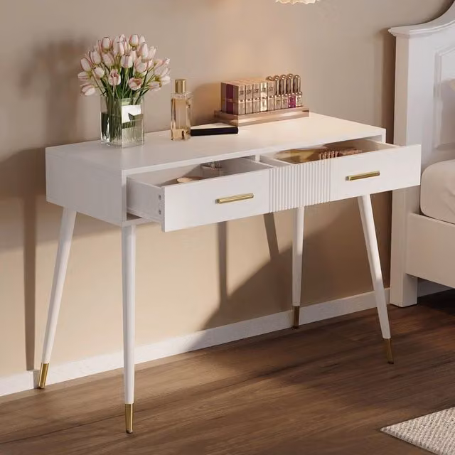Toeletta con 2 cassetti estraibili per trucco e home office bianca con gambe in metallo dorato 100 × 40 × 76 cm