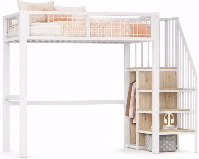 Letto a castello REDOM in metallo bianco per bambini con scala e scomparti laterali L/P/H: 176 x 90 x 200 cm