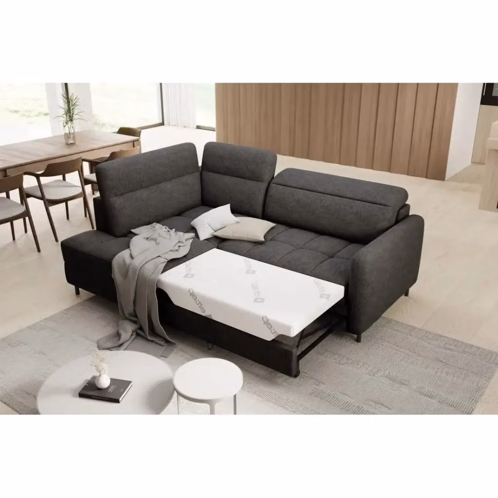 Divano ad angolo sinistro convertibile BARNEA MEUBLORAMA grigio con contenitore e funzione letto, L 208 cm x P 100 cm x H 76 cm – 2
