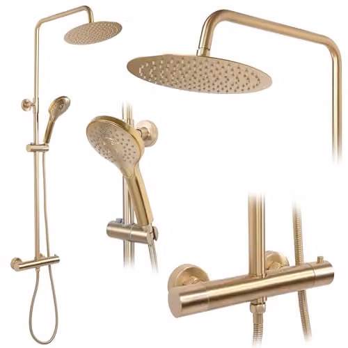 Rea Colonna doccia con termostato VINCENT Gold Brush Ottone Sistema Doccia per Bagno (Oro)