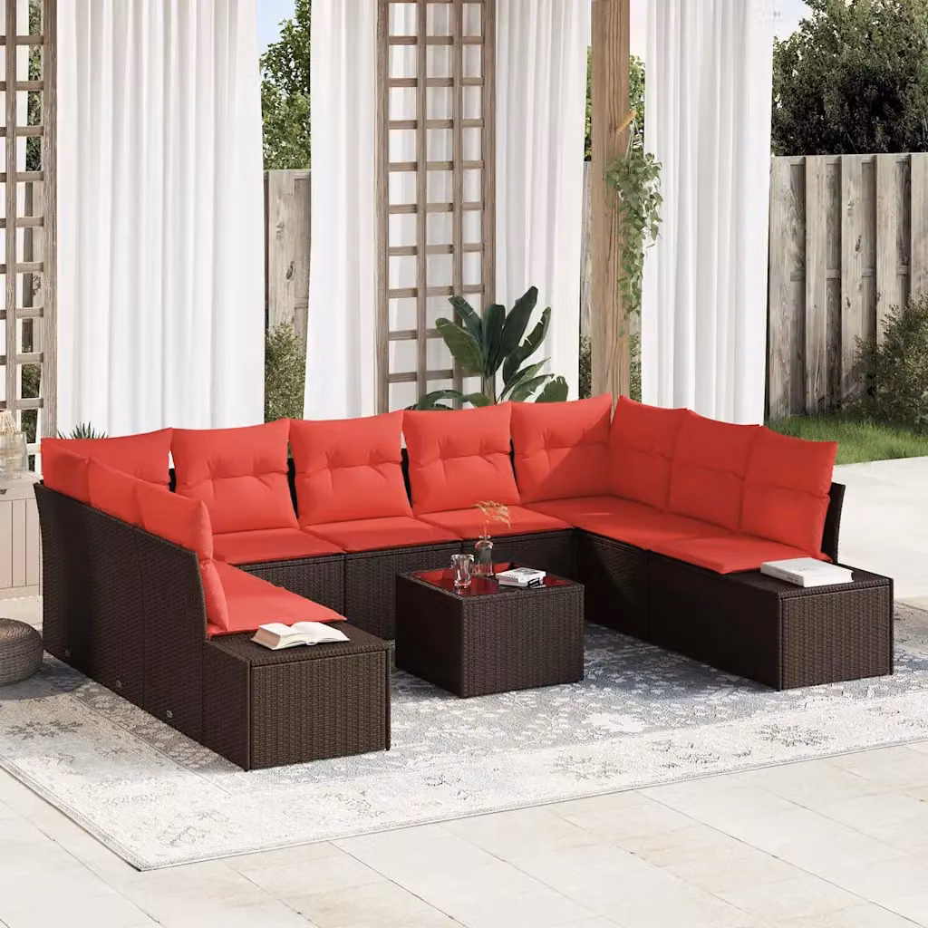 Set Divano da Giardino vidaXL 10 Pezzi a Forma di U in Polyrattan Marrone con Tavolino e Cuscini