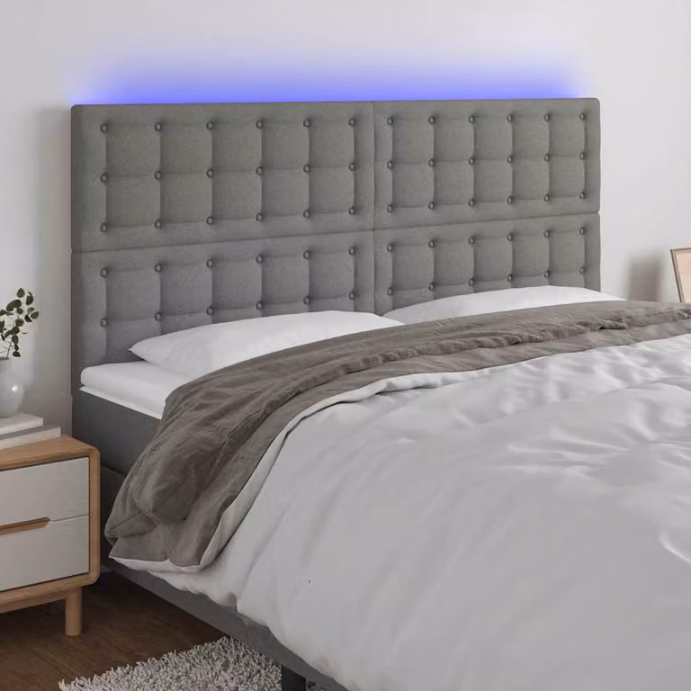 Testiera con LED e porta USB vidaXL in tessuto grigio, L 200 x P 5 x H 118/128 cm