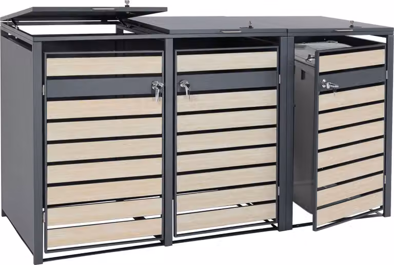 contenitore per rifiuti a 3 scomparti HWC-J81, contenitore per rifiuti, espandibile, in metallo da 82 kg, antracite ~ aspetto legno di faggio marrone chiaro