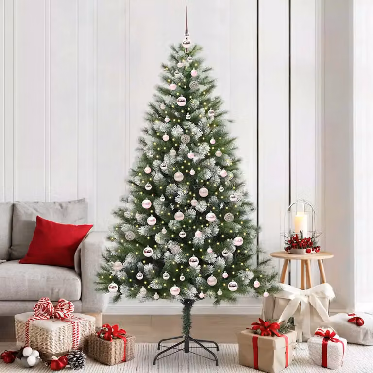 Albero di Natale artificiale vidaXL con rami snodati imbiancati, LED bianco caldo, verde e bianco