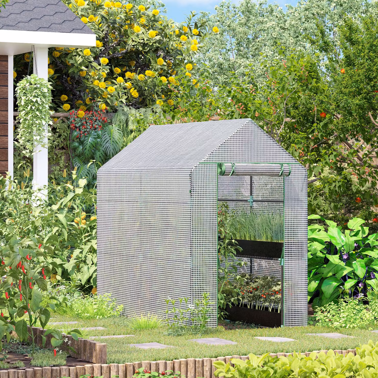 Serra per orto da giardino Outsunny con rivestimento in PE, porta a cerniera e 4 ripiani, Bianco, L 120 x P 120 x H 190 cm – 2