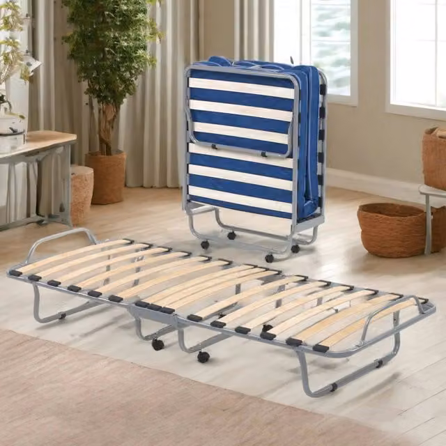 Letto pieghevole con materasso in schiuma Talamo Italia, Bianco e Blu, L/P/H: 190 x 80 x 32 cm