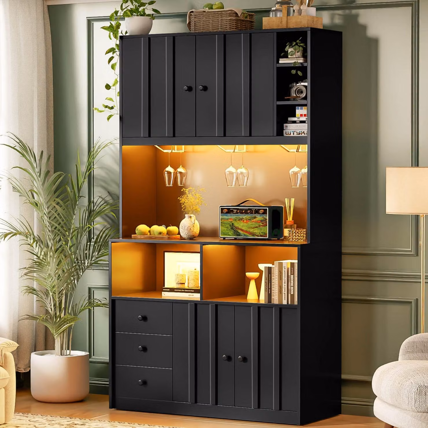 Mobile da cucina Flieks da 180 cm con LED, presa di corrente, scaffale per vino e vetrina, mobile alto, per cucina e sala da pranzo, credenza da cucina 100x40x180 cm, colore nero