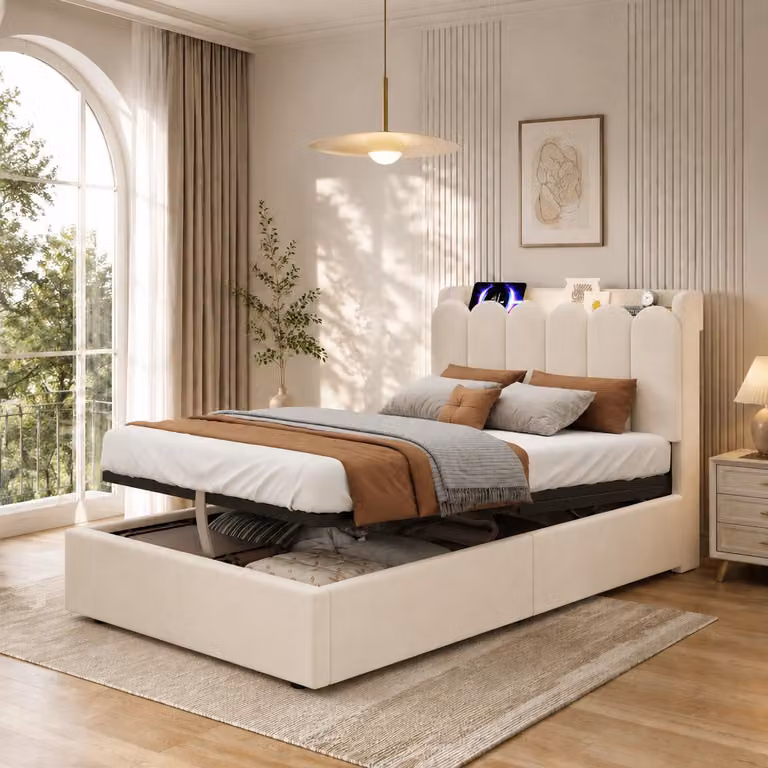 Letto imbottito okwish 90x200 con materasso e lampada da lettura, letto per ragazzi con stazione di ricarica USB e Type-C, letto singolo con contenitore, color beige