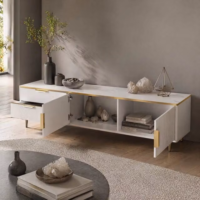Mobile TV 170x37x45 cm bianco e oro, MDF e pannello truciolare con 2 cassetti