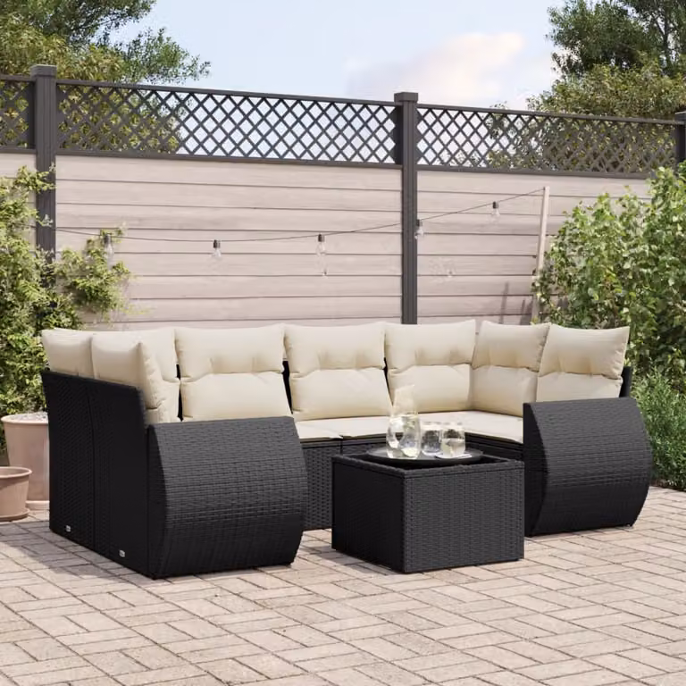 Set Divano da Giardino a L vidaXL in Polyrattan Nero con 7 Cuscini e Tavolino da Esterno
