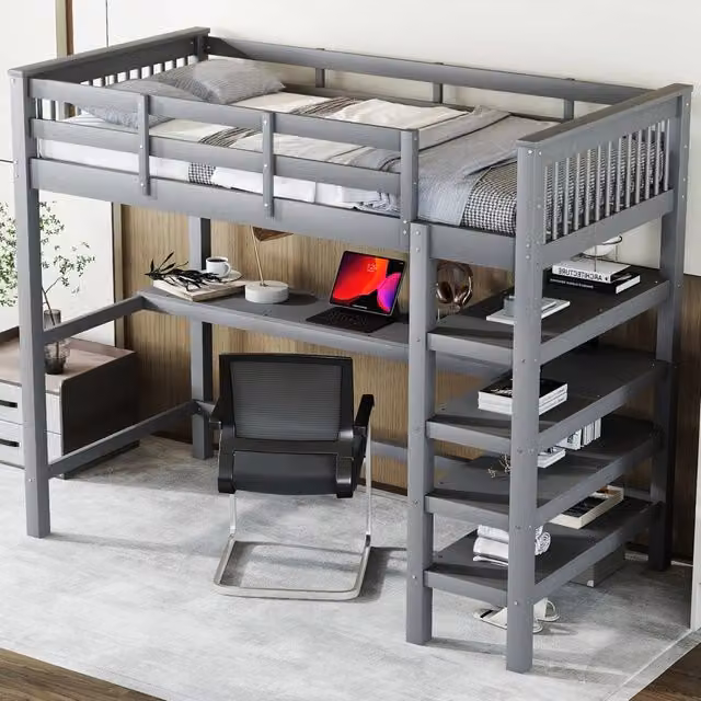 Letto a soppalco per bambini 90 × 200 cm con scrivania e mensole, senza materasso, in pino, grigio