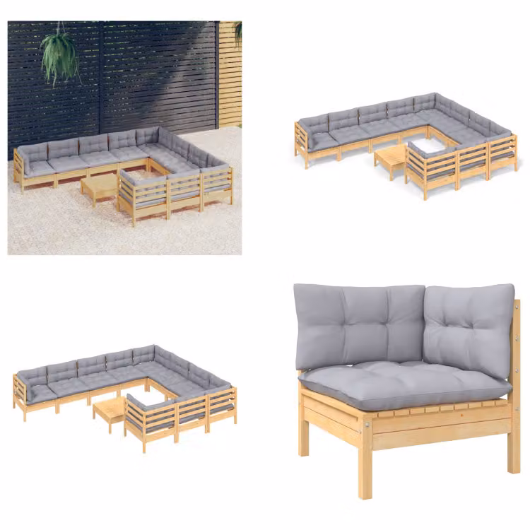 vidaXL set salotto da giardino 11 pezzi con cuscini grigi in legno di pino - Set salotto da giardino - Set salotto da giardino - Set mobili da giardino - Set mobili da giardino