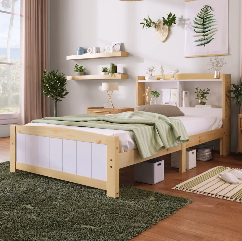 Letto singolo in legno massiccio e MDF con testiera contenitore e ripiani laterali, stile scandinavo, colore bianco, L/P/H: 220 x 90 x 98 cm – 2
