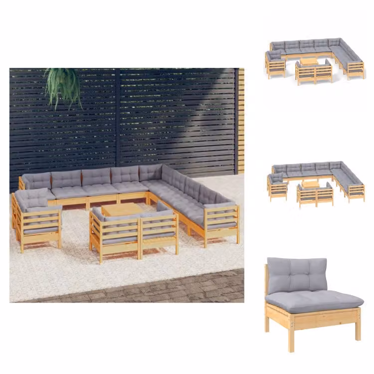 vidaXL set da salotto da giardino 14 pezzi con cuscini grigi in legno di pino massiccio - Set di mobili da giardino