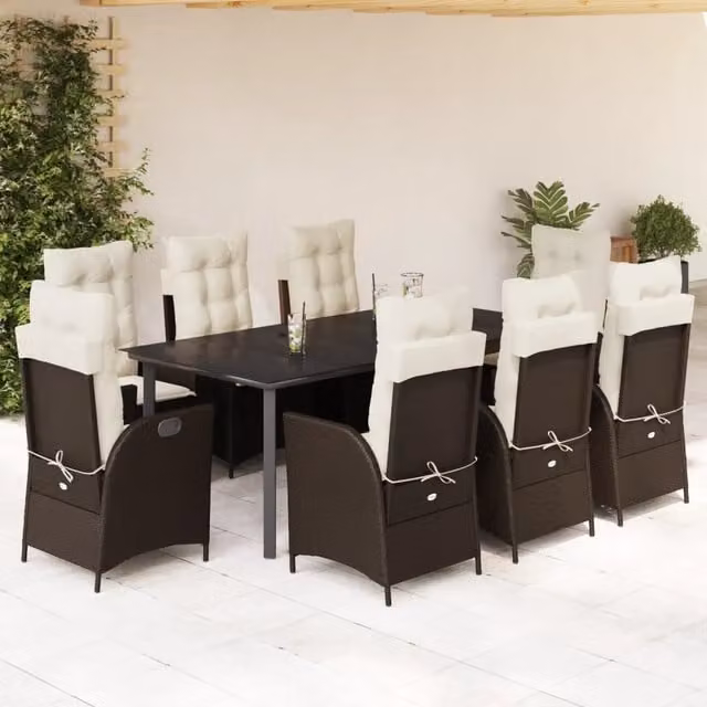 Set da pranzo da giardino vidaXL in polyrattan marrone con 9 pezzi e cuscini e tavolo in vetro – 1