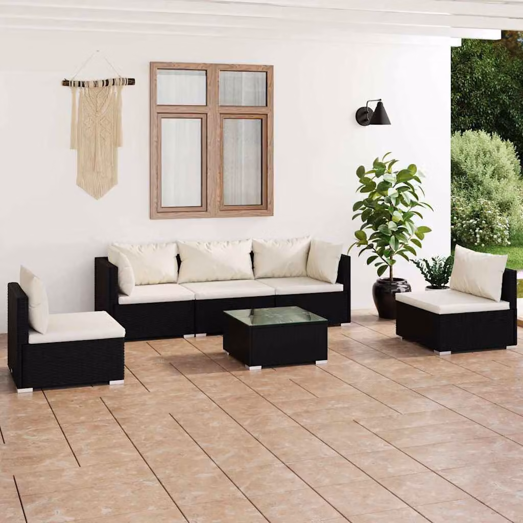 Set da giardino vidaXL composto da 6 pezzi con divano a 3 posti, elementi angolari, tavolino da caffè e cuscini beige, struttura in metallo nero e rattan