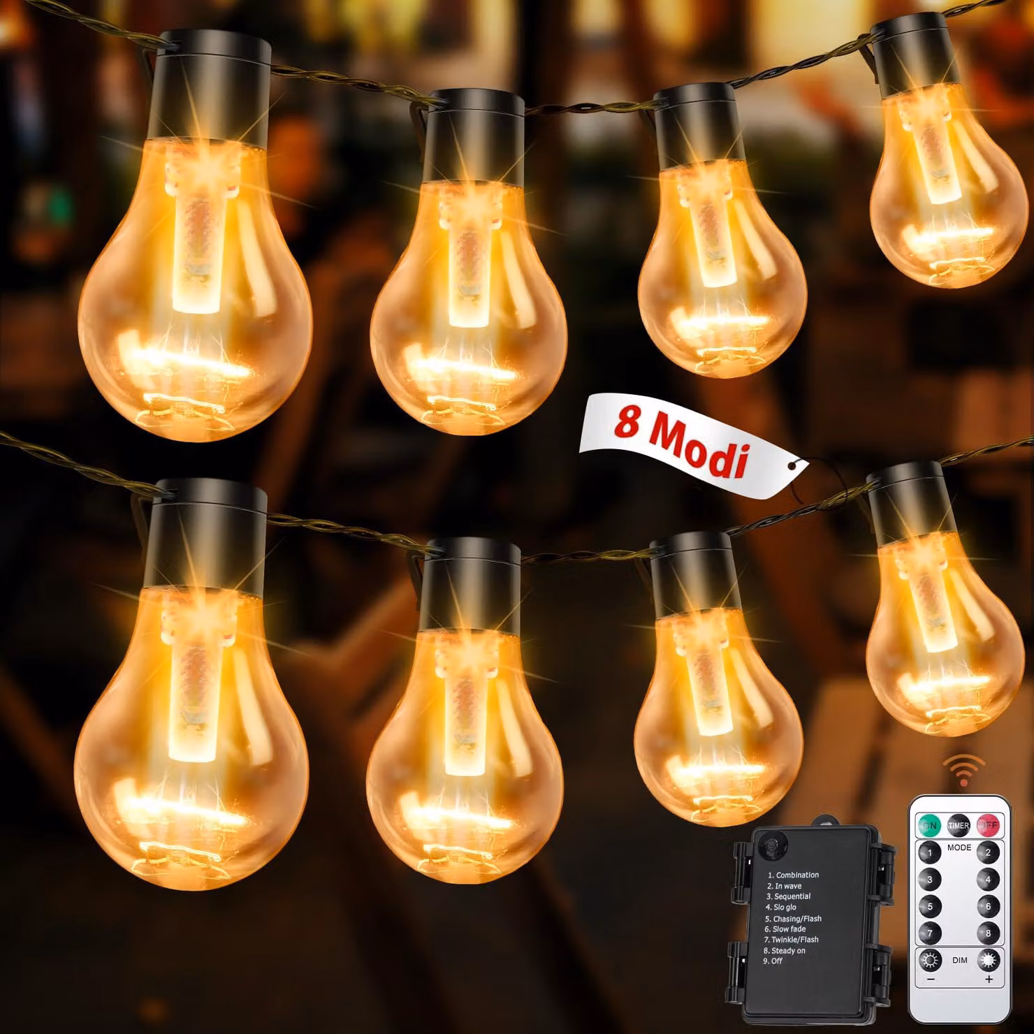 Catena luminosa a LED, 9 metri, 12 lampadine, con telecomando, 8 modalità, grado di protezione IP64