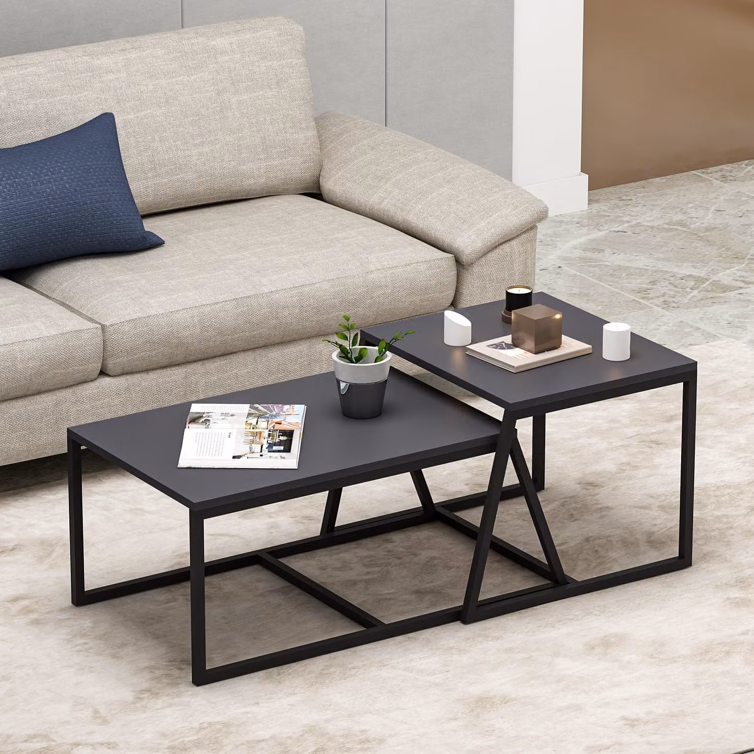 Skye Decor, set di 2 tavolini da salotto di alta qualità, antracite, 75 x 38 x 50 cm e 55 x 45 x 57 cm | Pannello truciolare rivestito al 100% in melamina, spessore 18 mm | Design moderno e funzionale con montaggio a parete.