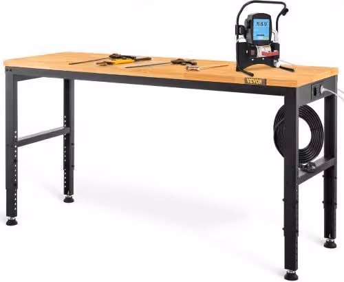 VEVOR Banco da Lavoro in Legno e Acciaio Marrone con Altezza Regolabile L/P/H: 122 x 61 x 72-97 cm