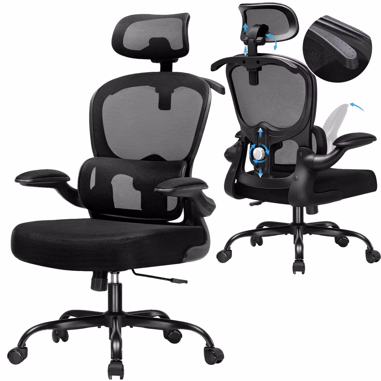 Sedia da ufficio, design ergonomico, poggiatesta regolabile, nera