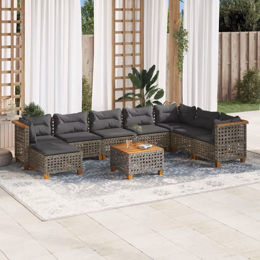 vidaXL Set Divano da Giardino a L 9 pz in Polyrattan Grigio con Cuscini e Tavolino – 1