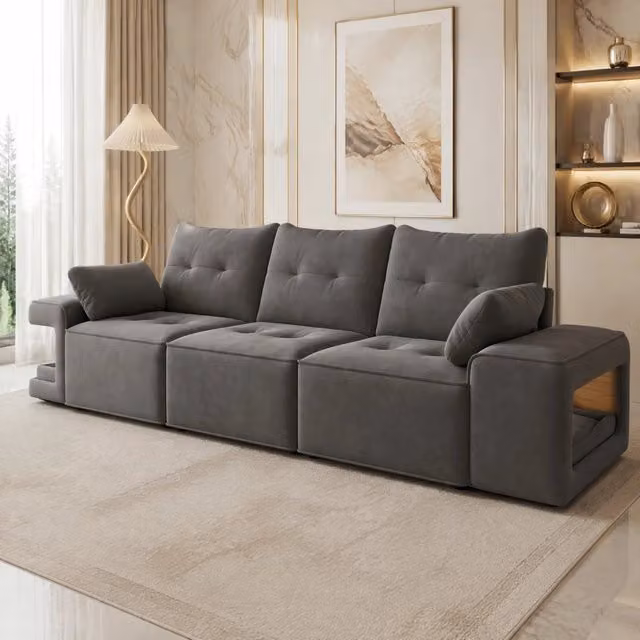Divano modulare Mivray a 3 posti in velluto grigio con vani contenitore, nicchie imbottite per piccoli animali e cuscini inclusi, L: 229.5 cm, P: 84 cm, H: 78 cm – 1