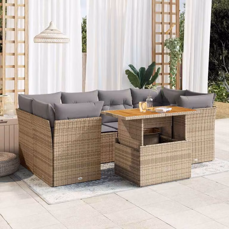 Set di divani da giardino vidaXL in polyrattan e legno di acacia oliato con cuscini beige e grigi, 7 pezzi