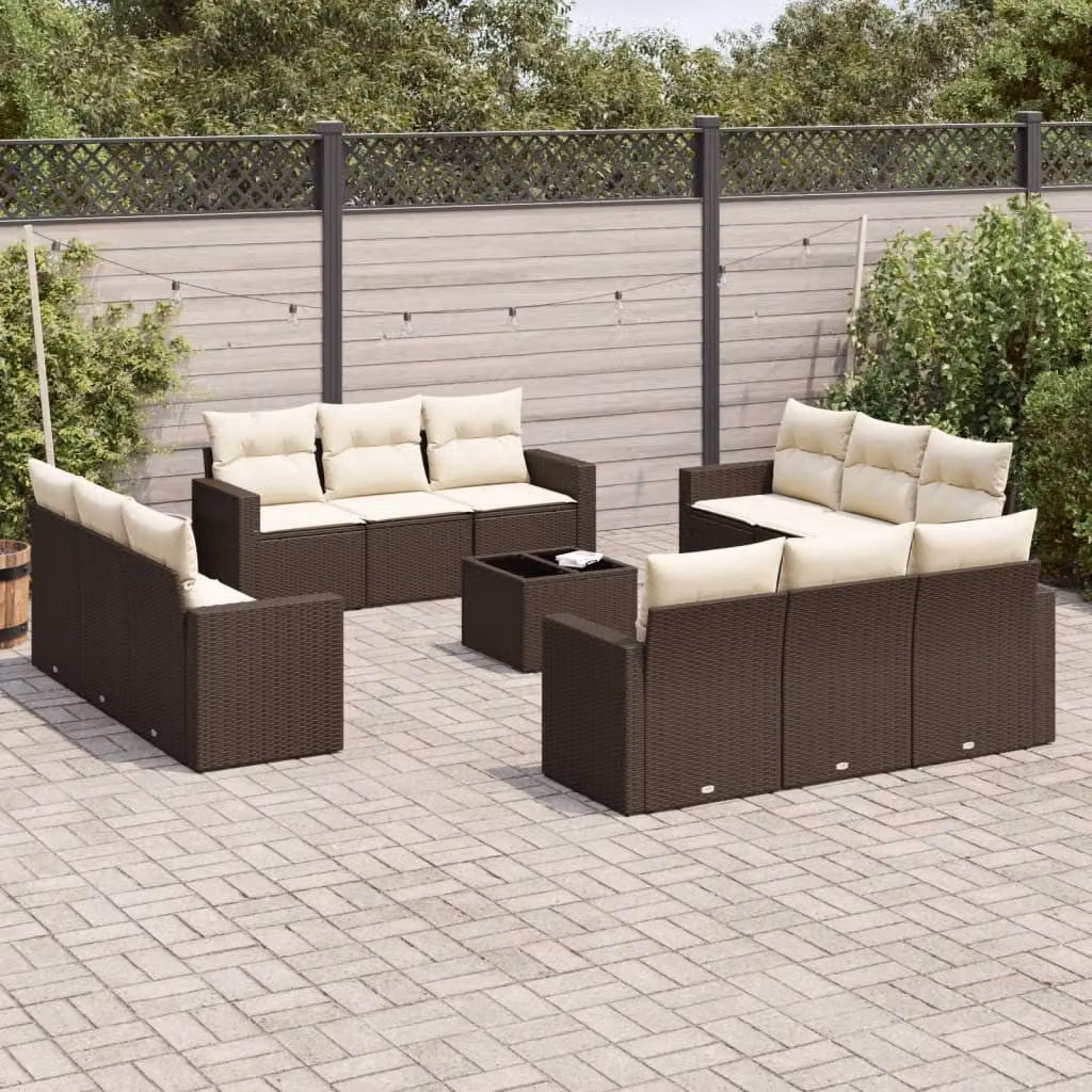 vidaXL Set Divani da Giardino 13 pz in Polyrattan Marrone con Cuscini e Tavolino da Esterno – 1