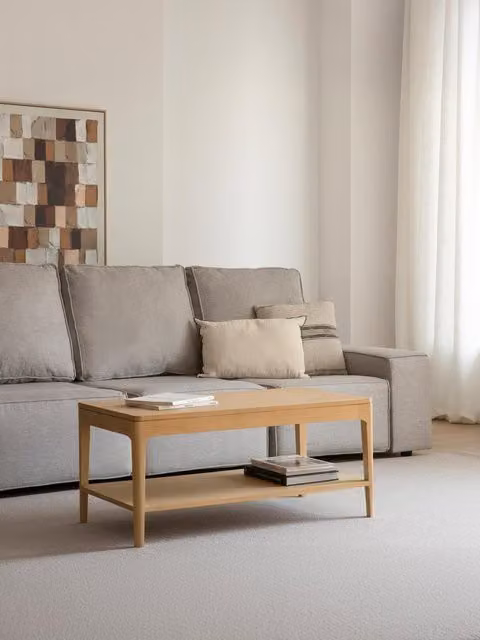 Tavolino da salotto elevabile rettangolare Vinti in impiallacciatura di rovere e legno massello marrone e beige Kenay Home