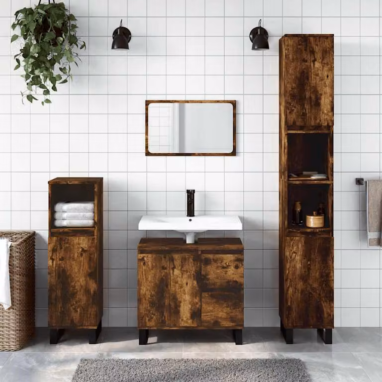 Armadietto da bagno vidaXL in legno Rovere Fumo con ante e ripiani, L 65 cm x P 33 cm x H 60 cm