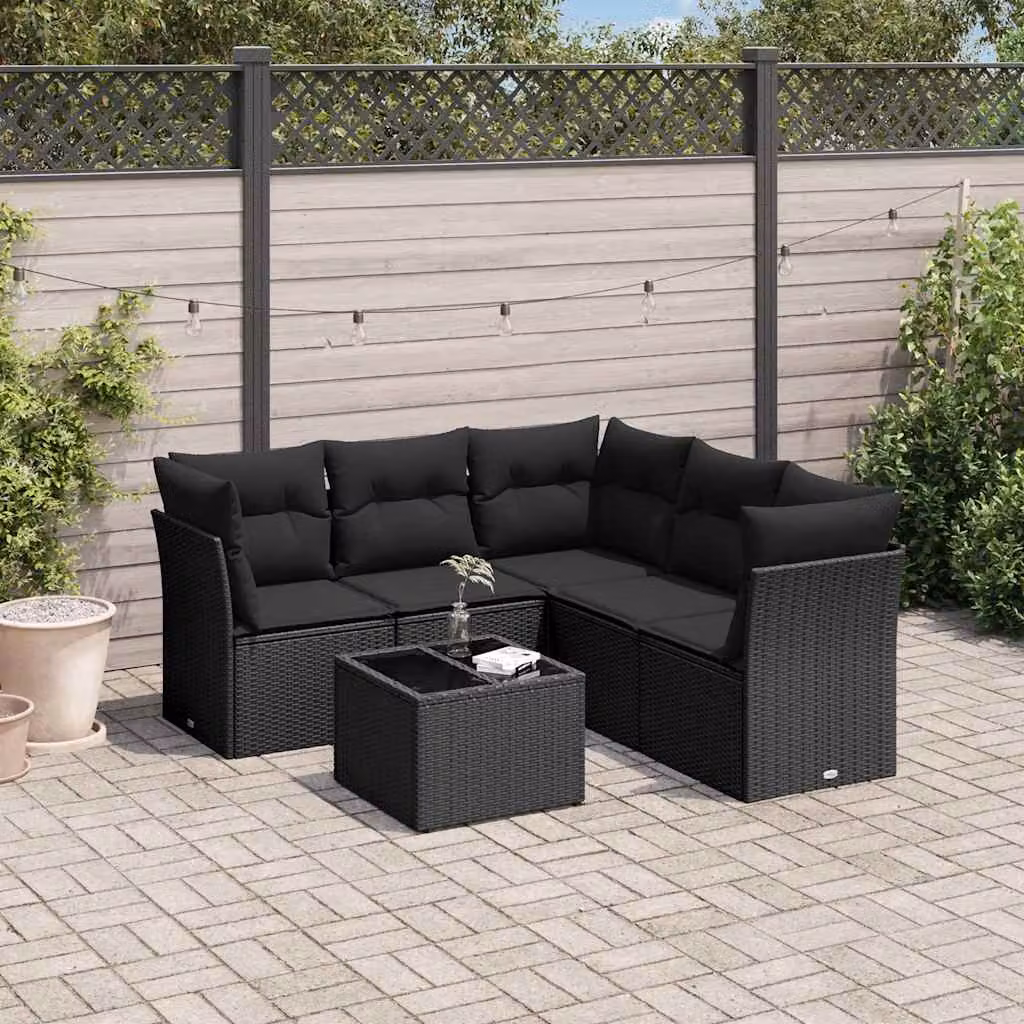 vidaXL Set Divano da Giardino 6 pz a L con Cuscini Nero in Polyrattan e Tavolino da Esterno – 1