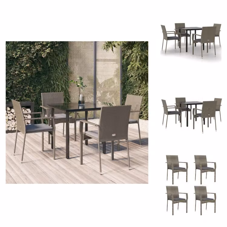 vidaXL Set da pranzo da giardino 5 pezzi con cuscini in poly rattan nero e grigio - Set di mobili da giardino