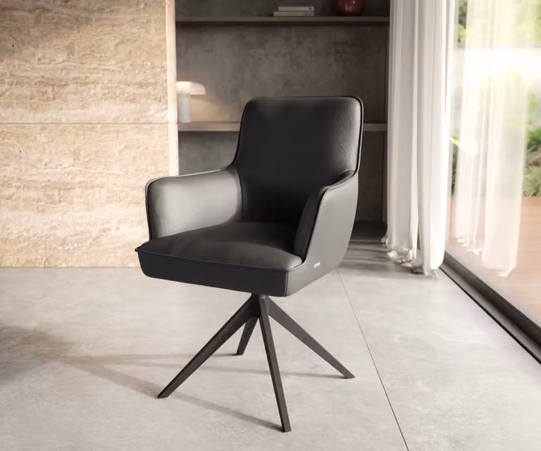 Sedia girevole DELIFE Heira-Flex con braccioli in vera pelle nera, base a croce larga nera, girevole a 360°, molle insacchettate