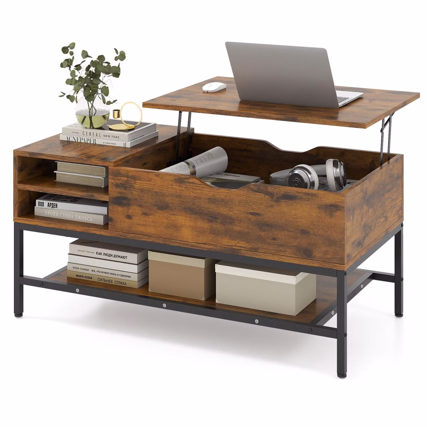 Tavolino da caffè COSTWAY regolabile in altezza, tavolino da salotto con ripiano e vano portaoggetti, tavolino da caffè, tavolino da divano, tavolino, 100x49.5x47.5cm, marrone