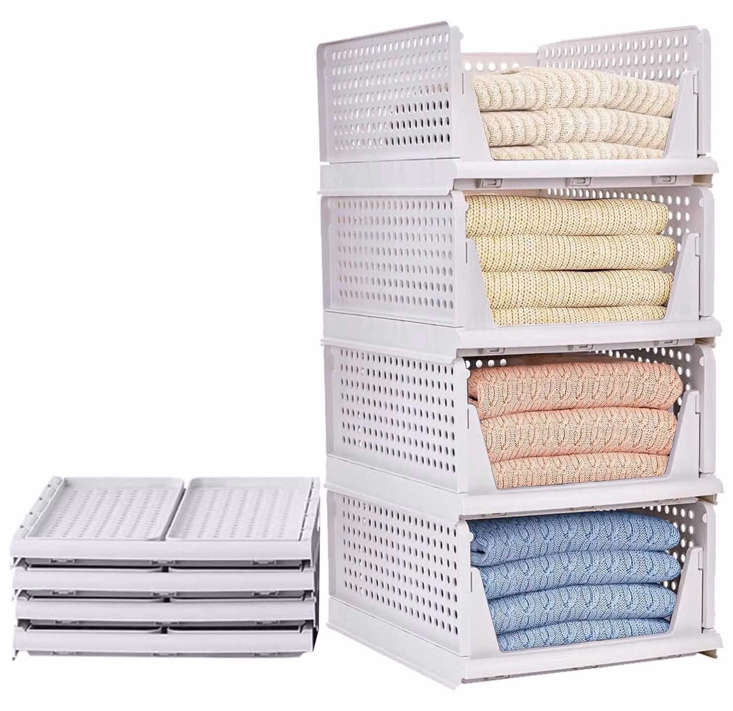 Omgoods - Contenitori impilabili per abbigliamento, set di 4, colore bianco