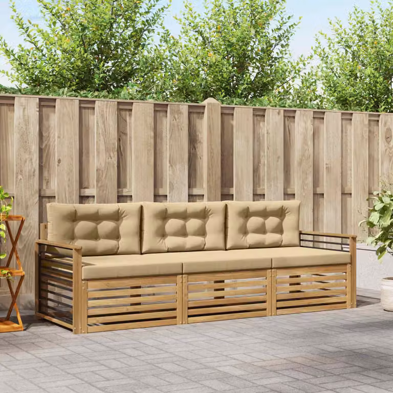 Set di divani da esterno vidaXL 3 pezzi in legno di acacia con cuscini Bianco e Beige