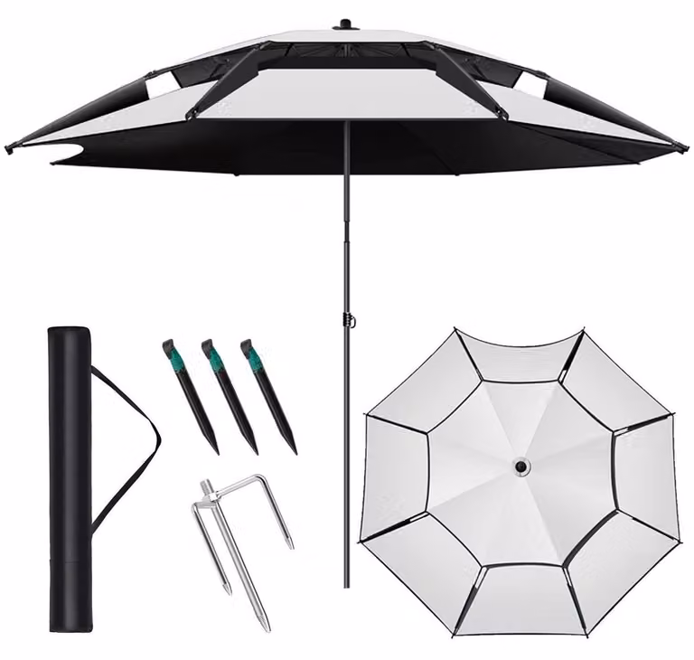 Ombrellone da spiaggia, 16 stecche, resistente al vento, inclinabile a 360°, diametro 200 cm, colore grigio