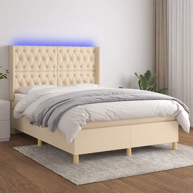 Letto Ibrido con Materasso a Molle Insacchettate vidaXL, Colore Beige e Bianco con Illuminazione LED e Porte USB, L/P: 140 x 200 cm