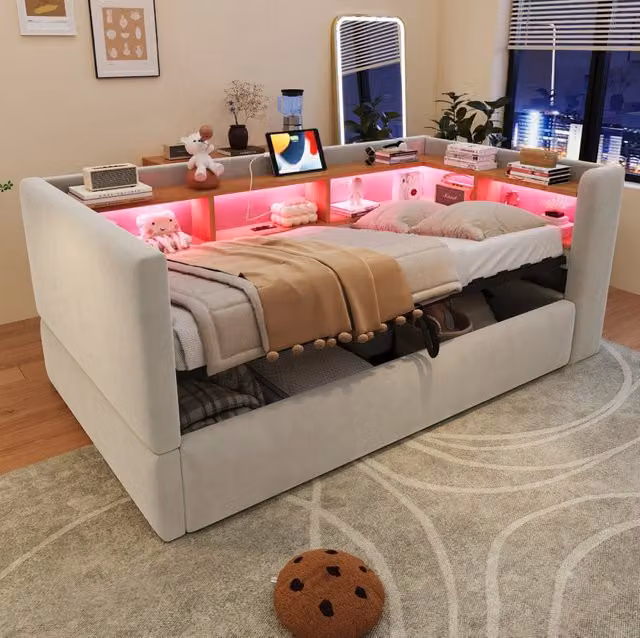 Divano letto imbottito 90×190 cm con contenitore idraulico; LED e prese; grigio chiaro