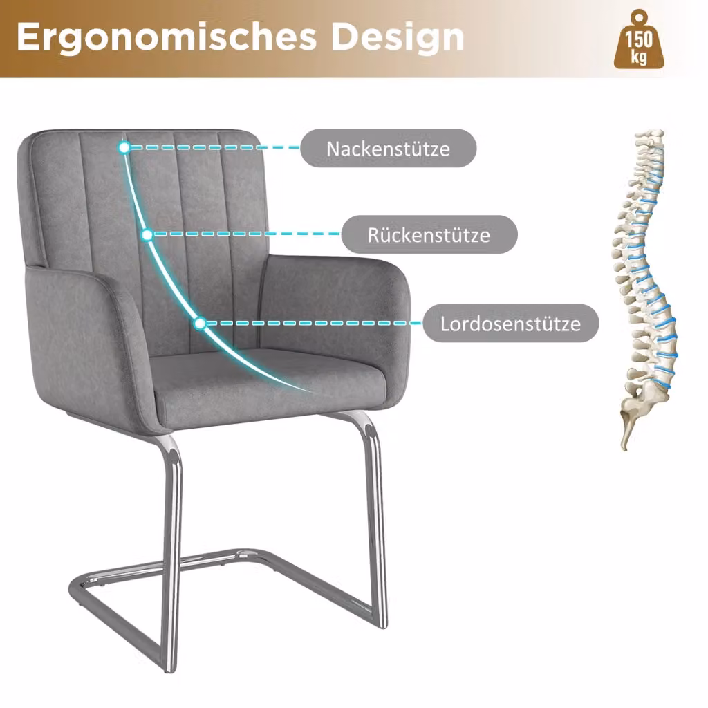 Set di 2 sedie da pranzo OKWISH in ecopelle grigia con schienale ergonomico e struttura a sbalzo, L: 64,01 cm, P: 57,2 cm, H: 57,0 cm – 2