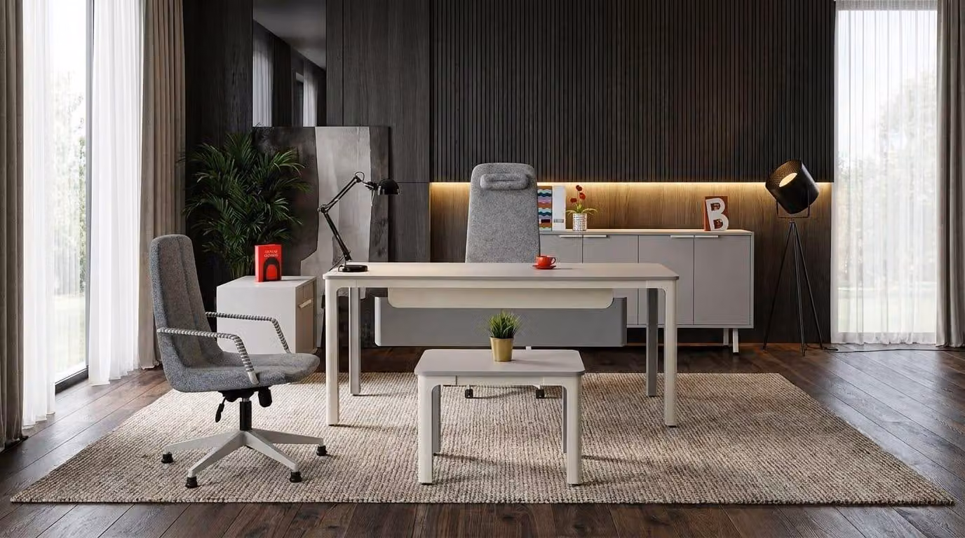 Set da ufficio moderno: scrivania, mobiletto laterale, cassettiera, tavolino da caffè