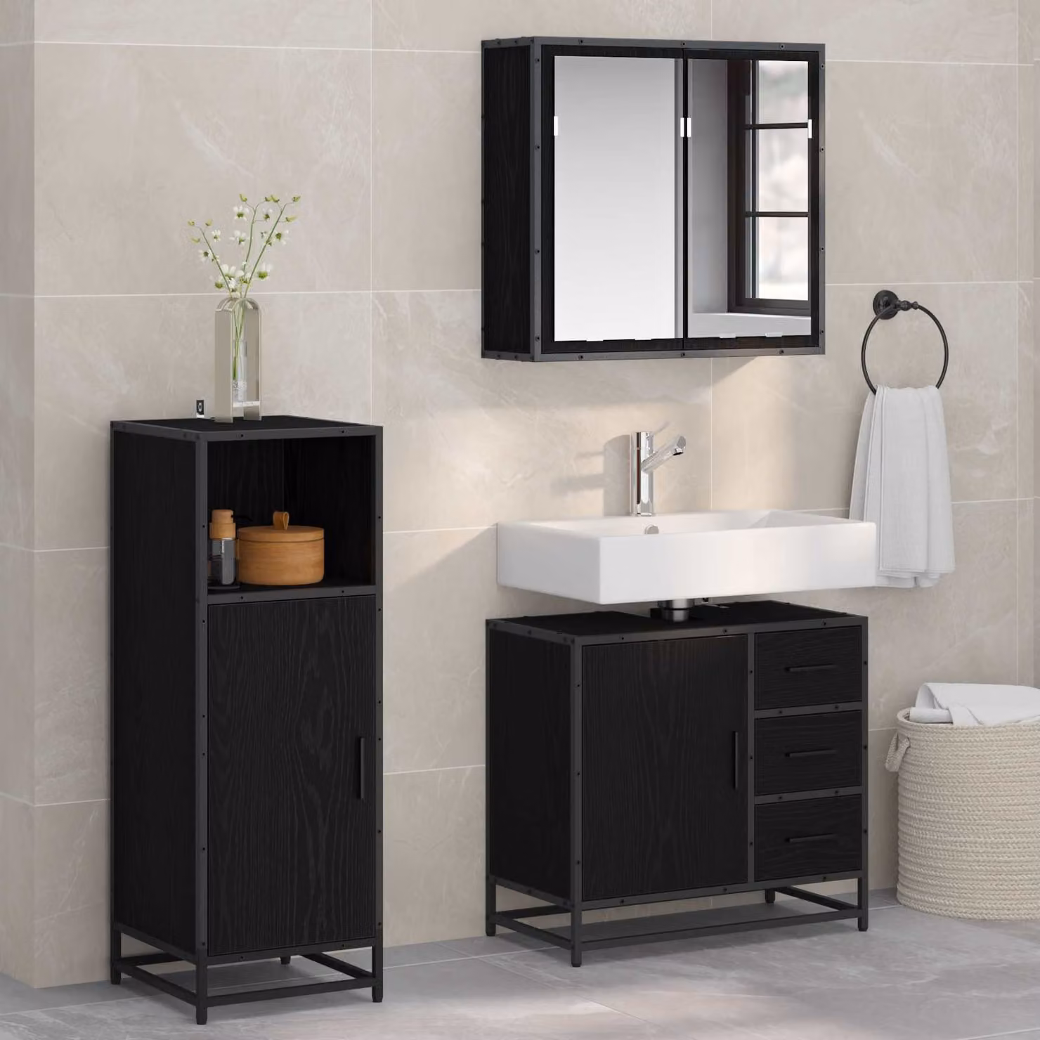 Set di mobili per il bagno vidaXL 3 pezzi in rovere e nero con armadietto specchio e mobile lavabo L/P/H: 65 x 33 x 60 cm – 1