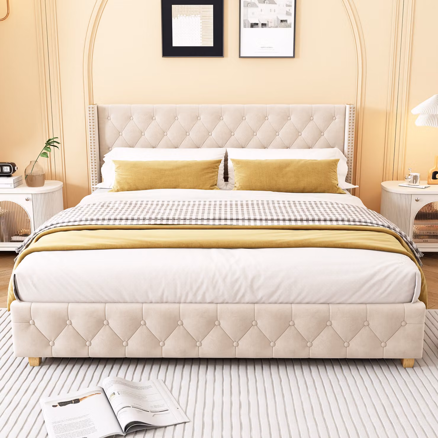 Letto imbottito Flieks 180x200cm letto giovanile con rete a doghe, letto matrimoniale letti classici letto per bambini letto in legno massiccio, velluto, beige chiaro