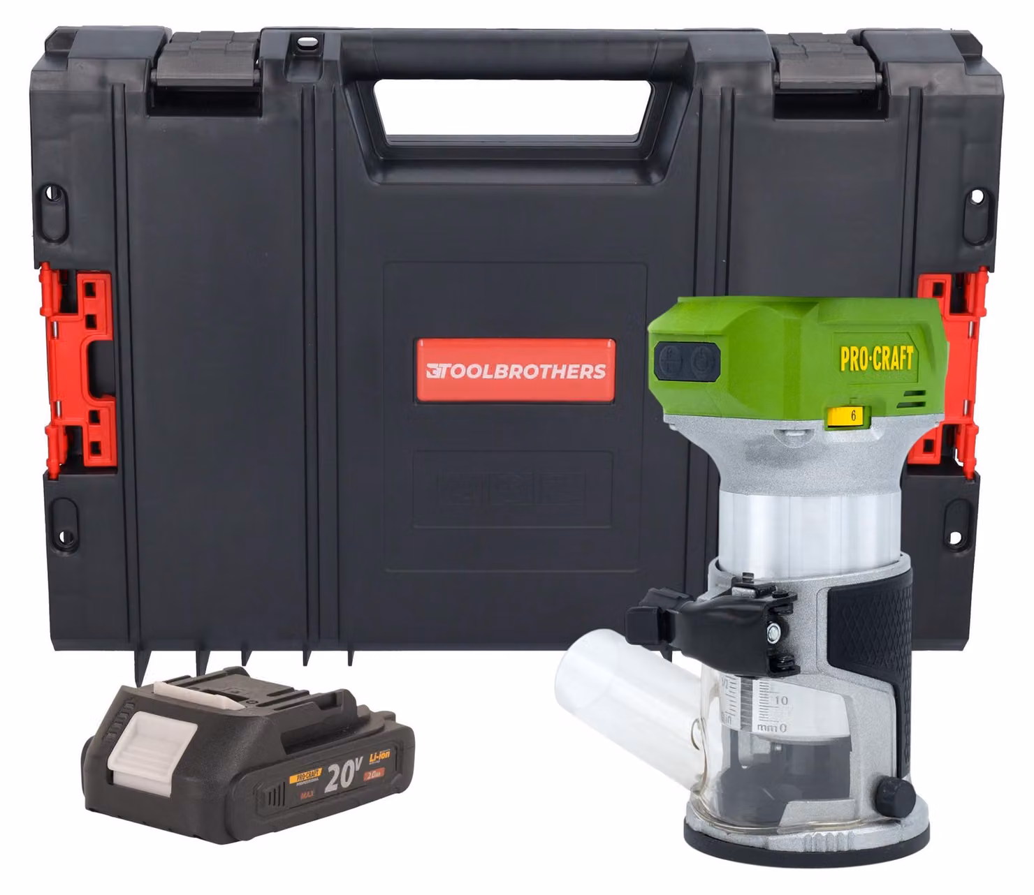 Fresatrice multifunzione a batteria Procraft POB24bb 20 V 6 / 8 mm Brushless + 1x batteria 2,0 Ah + valigetta RHINO Toolcase - senza caricabatteria