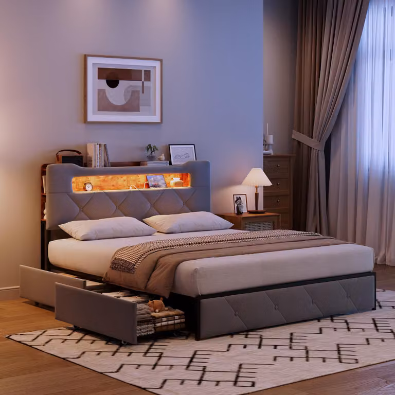 UnboxG Letto imbottito 140x200cm con USB e tipo C, letto contenitore per giovani con 4 cassetti, letto matrimoniale in legno con LED e rete a doghe, letto funzionale, velluto, grigio