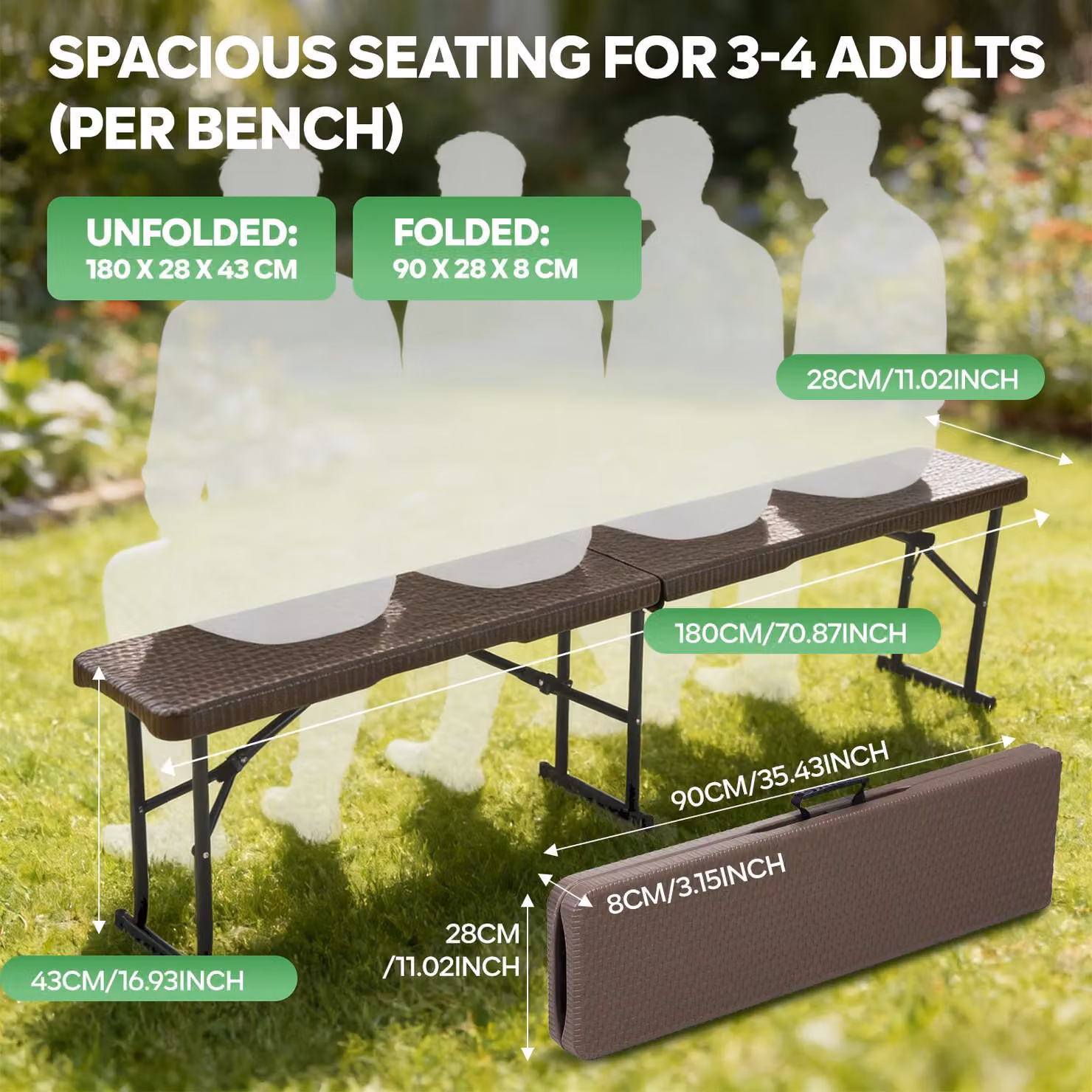 Panca da giardino pieghevole - 180 cm - Seduta in HDPE - Portatile e robusta