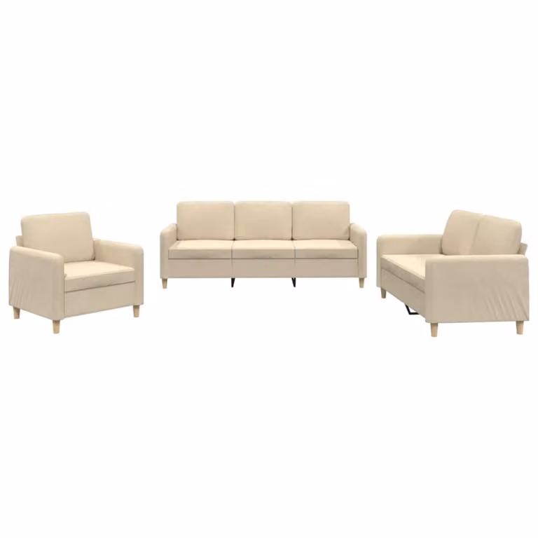 Set di Divani 3 pz con Cuscini Crema in Tessuto