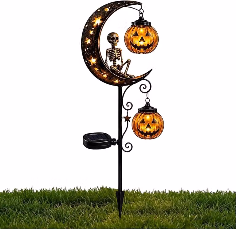 Lampada solare a tema Halloween – lanterna da giardino a forma di luna con LED – 31x7x16,5 cm – lanterna impermeabile a forma di zucca, ideale per terrazza, prato e vialetti del giardino