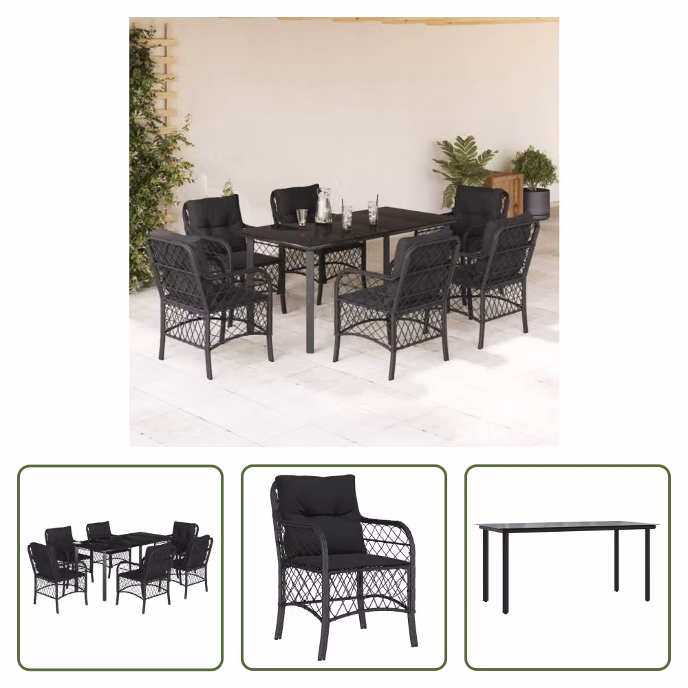 The Living Store Set da pranzo da giardino 7 pezzi con cuscini in polirattan nero